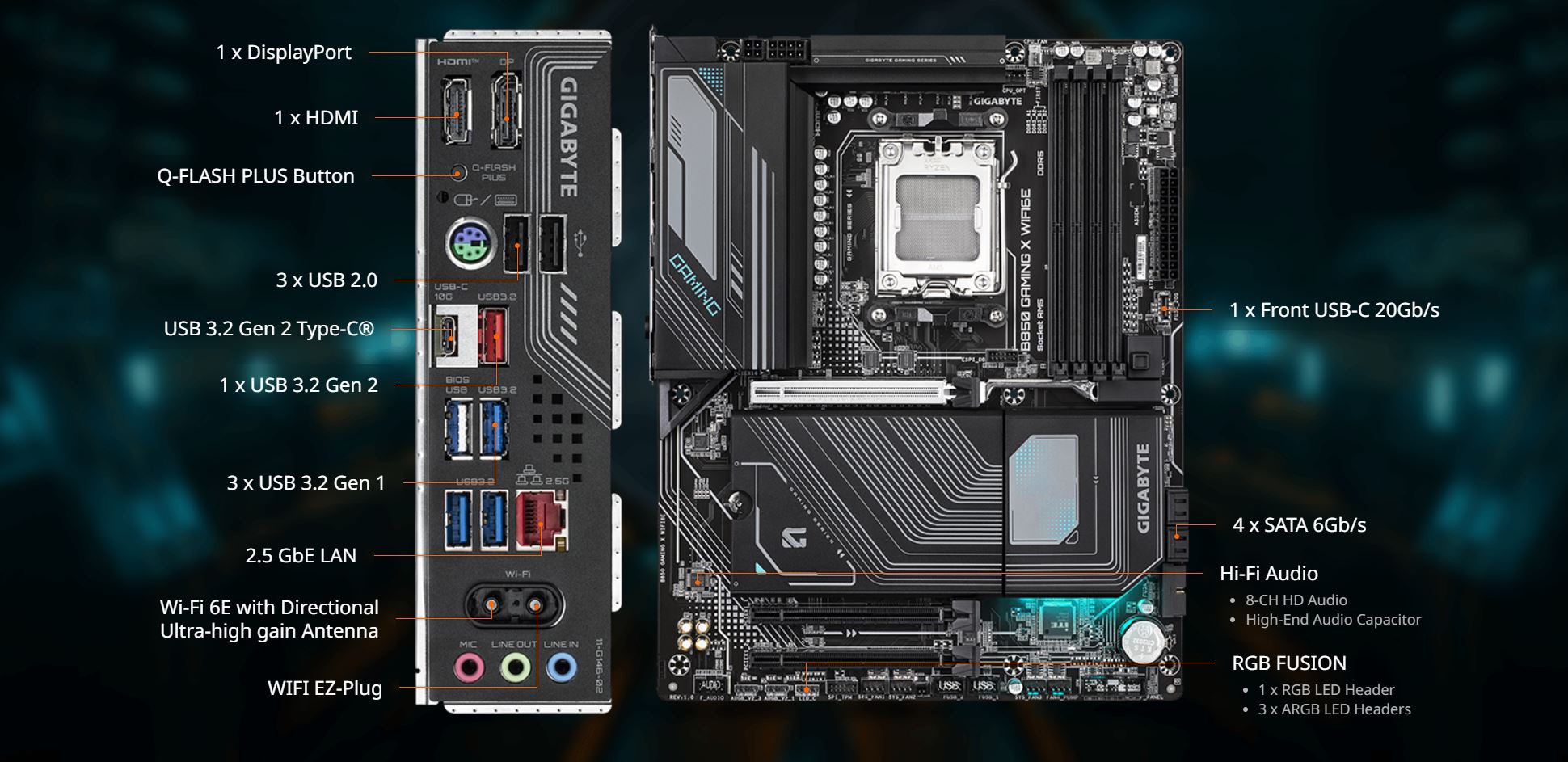 GIGABYTE B850 GAMING X WIFI6E AMD AM5 LGA 1718 Motherboard, ATX